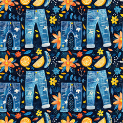 Cute seamless pattern with jeans, naive art.