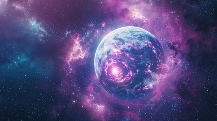 A stunning image of a blue and purple planet surrounded by twinkling stars. Perfect for science fiction or space-themed projects