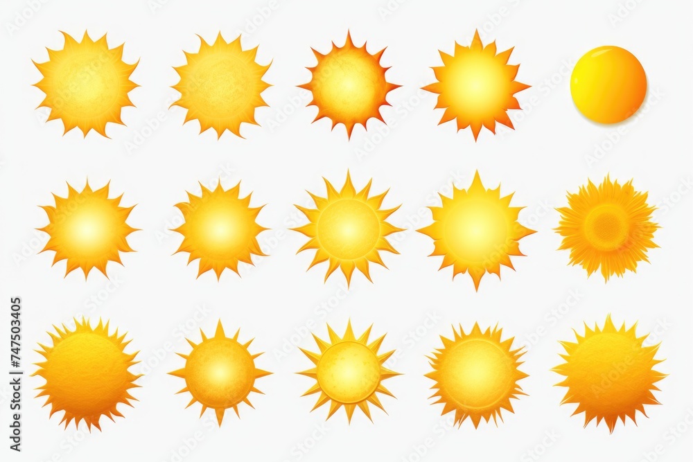 Poster a collection of sun icons on a plain white backdrop. perfect for various design projects