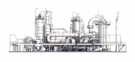 chemical industry with pipes, white background, industrial structural steel architecture. industrial factory plant