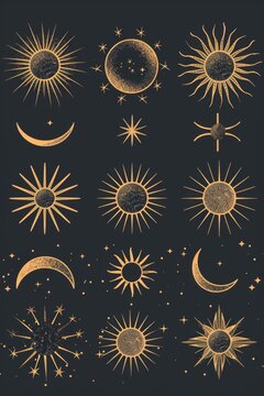 Image of sun, moon, and stars against black backdrop. Suitable for astronomy concepts