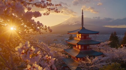 A serene pagoda with a majestic mountain backdrop. Ideal for travel and nature concepts
