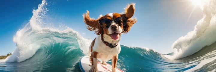 A banner with a funny Cavalier King Charles Spaniel surfing—great for social media, surfing school promotions, beach resorts, and surfing events concepts
