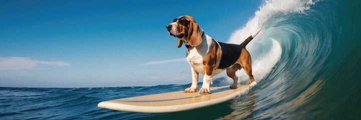 Banner with a funny surfing beaglei dog, great for travel and vacation ads, showcasing surfing gear, and adding a playful vibe to summer events and festivals
