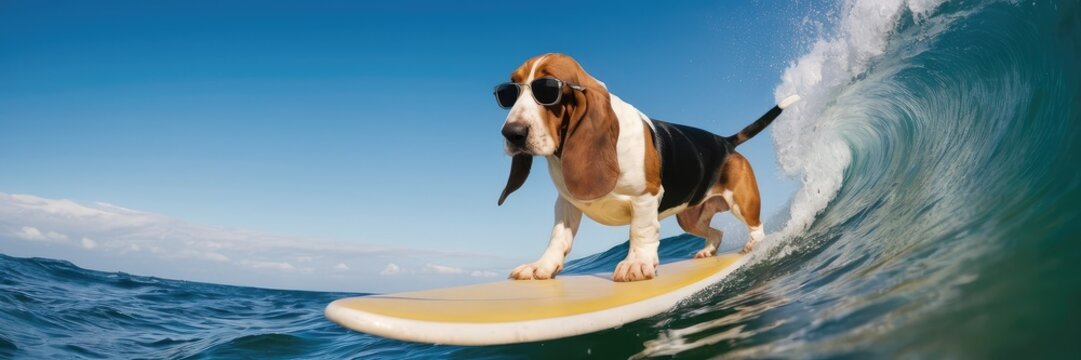 Banner showcasing a comical surfing beagle dog, perfect for promoting surfing events and competitions, adding a humorous twist