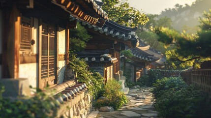 Fototapeta premium Stone path leading to a rustic wooden building, perfect for architectural and outdoor themes
