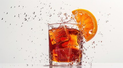 A glass filled with ice and a slice of orange. Perfect for summer drink concepts