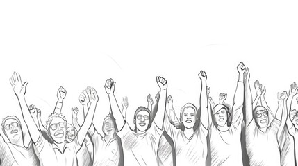 A group of people raising their hands in the air. Suitable for teamwork and success concepts