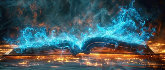 Magical Open Book Digital Art, Open book with mystical blue energy radiating from the pages in a fantasy theme.