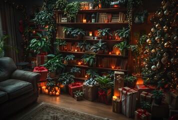 Naklejka na ściany i meble happy family at home with Christmas gifts, joyful celebration of nature, luminous quality, wrapped