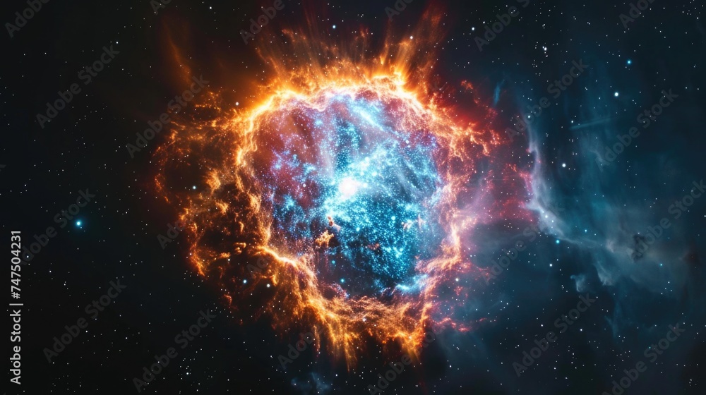 Poster a vibrant blue and orange planet in outer space. suitable for science fiction or astronomy related p