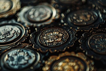 Detailed close up shot of a bunch of metal buttons. Ideal for fashion or crafts projects