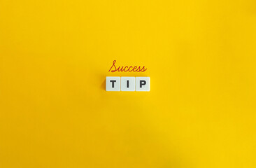 Success Tip Banner. Block Letter Tiles and Cursive Text on Yellow Background. Minimalist Aesthetic.