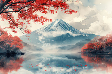 Tranquil japan Mountain with Red Leaves, Watercolor effect scene of japan Mountain with red leaves, soft brush strokes.