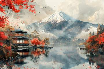 Tranquil japan Mountain with Red Leaves, Watercolor effect scene of japan Mountain with red leaves, soft brush strokes.
