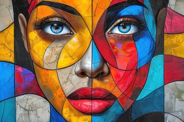 Cubist Portrait with Bold Black Outlines, Inspired by cubism, a portrait with bold black outlines and contrasting colors.