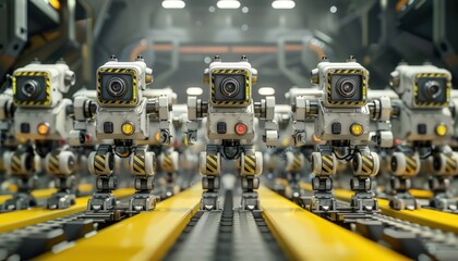 Fototapeta na wymiar network of robotic machines standing behind a yellow striped line