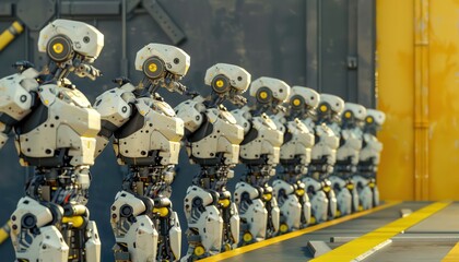 network of robotic machines standing behind a yellow striped line
