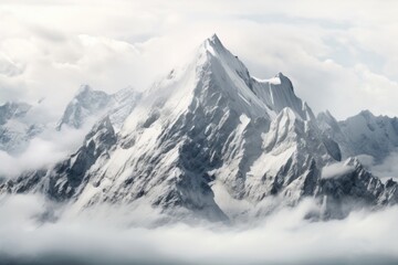 Majestic snowy mountain peak with clouds hovering above. Ideal for travel brochures