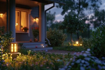 A house illuminated at night in a garden. Suitable for real estate or outdoor lighting concepts - obrazy, fototapety, plakaty