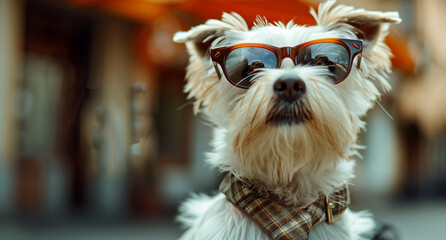 Fashionable White Dog in Sunglasses and Scarf