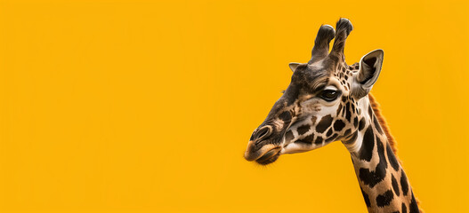 Giraffe Portrait with Elegant Neck on Yellow Background - obrazy, fototapety, plakaty