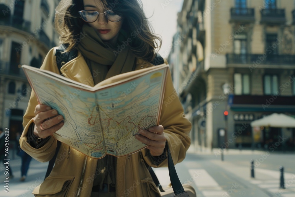 Poster a woman standing on a street looking at a map. ideal for travel and navigation concepts