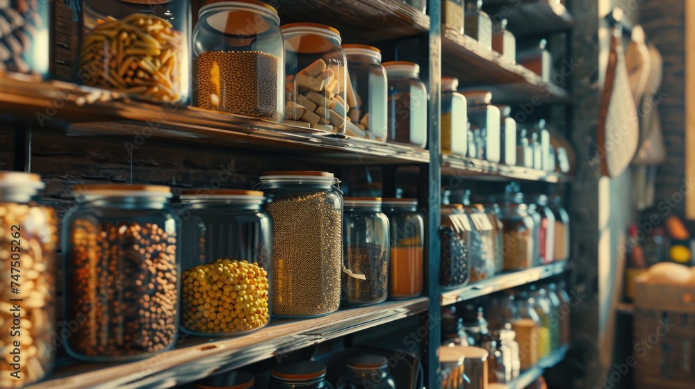 Poster a shelf filled with a wide selection of food items, suitable for various concepts and projects