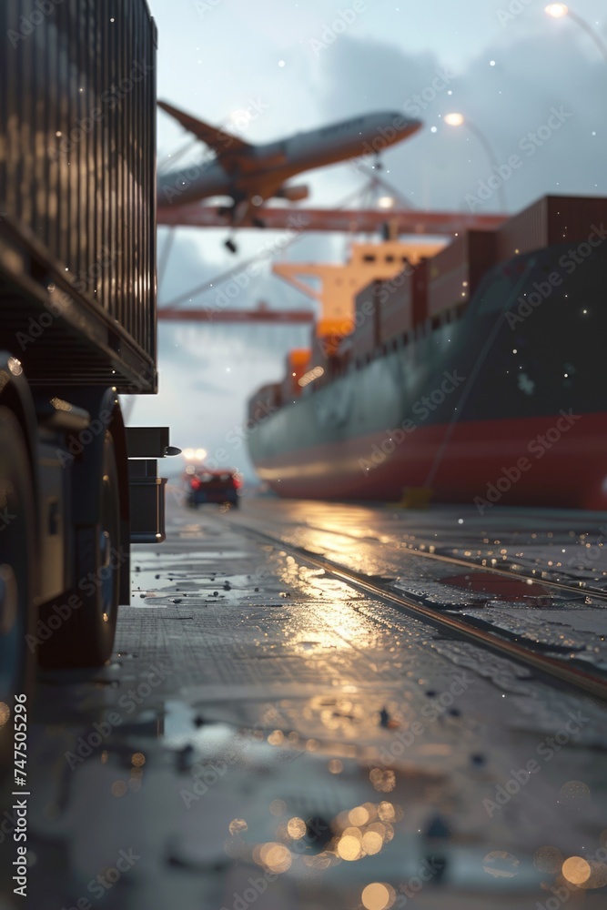 Poster aerial view of airplane passing over cargo ship. ideal for transportation and travel concepts