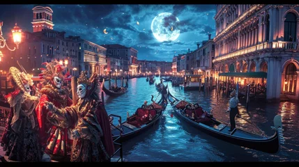 Papier Peint photo autocollant Pont du Rialto A grand Venetian carnival scene, elaborate masks and costumes, gondolas on the canal under moonlight. Resplendent.