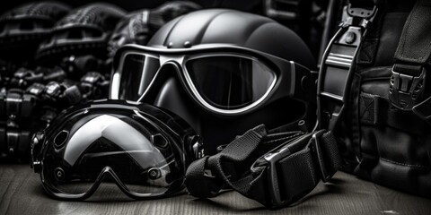 Fototapeta na wymiar A striking black and white image of a helmet and goggles. Perfect for sports or safety concepts