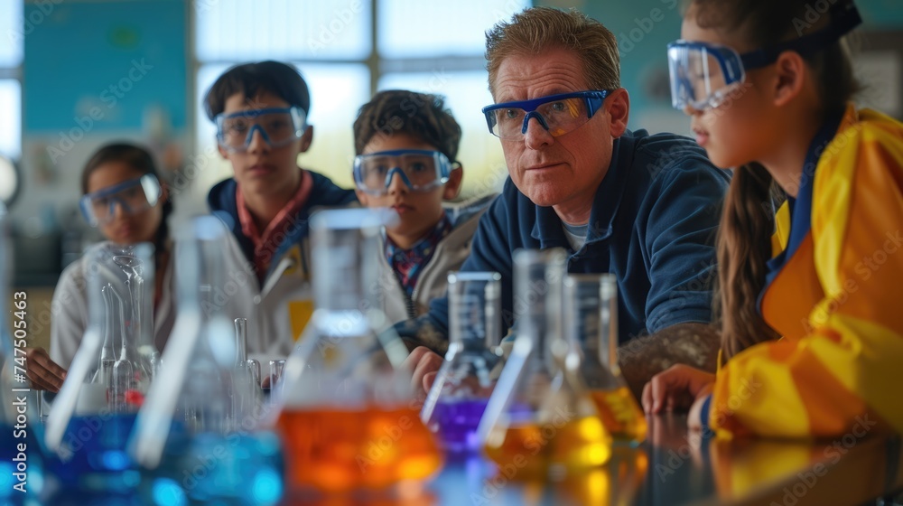 Poster a fun event is taking place in a lab where a group of children are conducting a science experiment, 