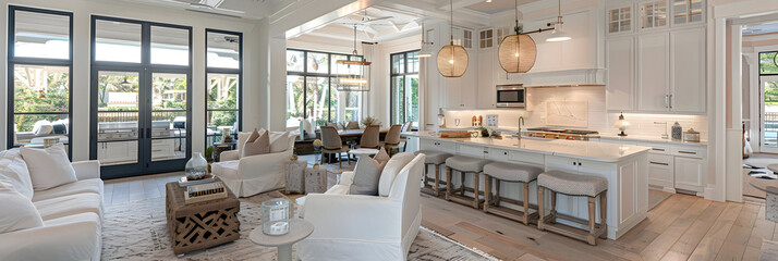 Obraz na płótnie Canvas Luxurious interior design of white kitchen and dining room