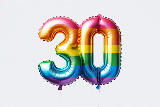 Rainbow foil balloon number 30 isolated on white background. ai generative