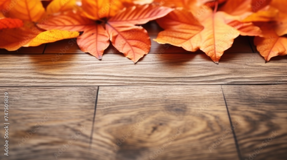 Poster a close up image of a bunch of leaves on a wooden floor. suitable for nature or autumn themed projec