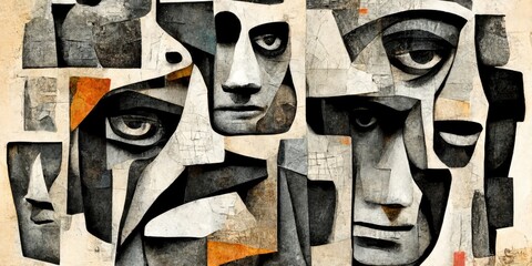 Generative AI, Faces collage abstract black and white background, wallpaper illustration, dramatic mood