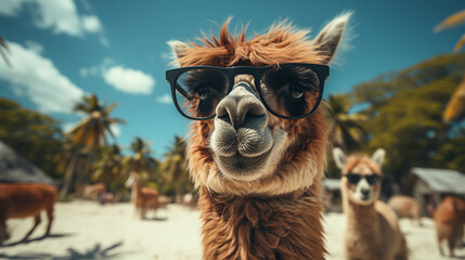 Obraz premium Funny alpaca in sunglasses