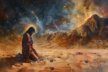Witness Jesus standing on a high cliff, torn between earthly desires and heavenly mission, grappling with the allure of miracles, fame, and adulation - obrazy, fototapety, plakaty