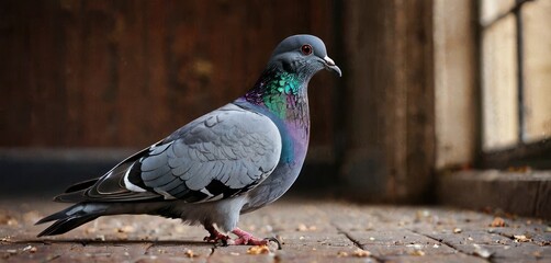 a close up of a pigeon standing on a brick floor next to a wooden building with a door in the background.