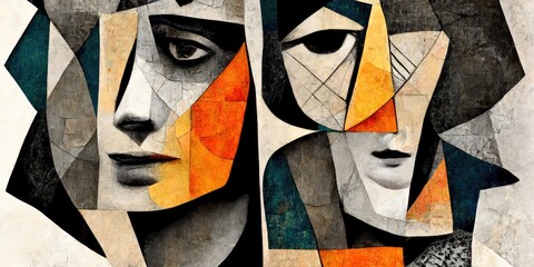 Generative AI, Faces collage abstract black and white background, wallpaper illustration, dramatic mood