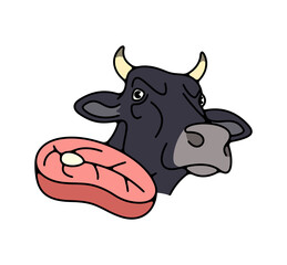 Cow or bull, steak and meat. Livestock, cattle breeding, animal and pet, food and meal, illustration