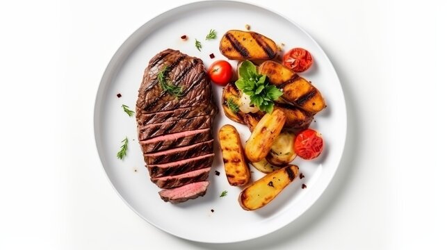 Grilled beef steak and potatoes on plate isolated on white background, top view