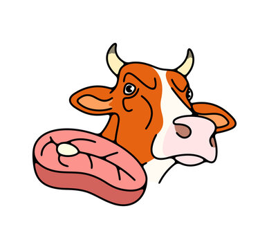 Cow or bull, steak and meat. Livestock, cattle breeding, animal and pet, food and meal, illustration