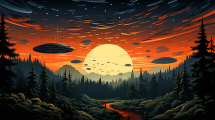 UFO, an alien plate hovering over the field, hovering motionless in the air.