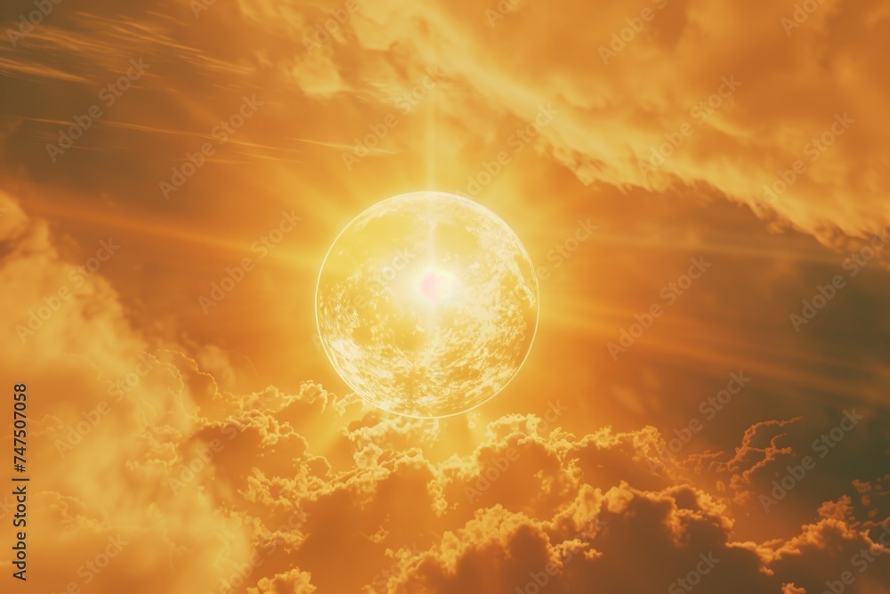 Poster sun shining brightly through clouds, ideal for weather and nature concepts