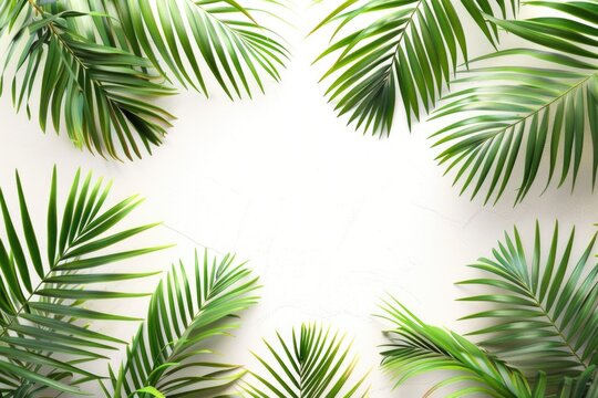 A white wall adorned with a bunch of green palm leaves. Ideal for interior design concepts