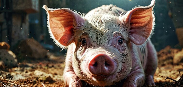 a close up of a pig laying on the ground with a light shining on it's face and ears.