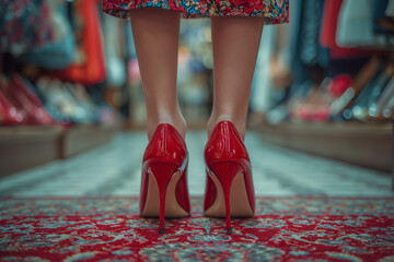 Woman Wearing Red High Heels Standing on Patterned Carpet - obrazy, fototapety, plakaty