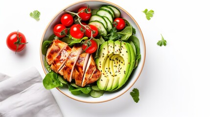 Grilled chicken meat and fresh vegetable salad of tomato, avocado, lettuce and spinach. Healthy and detox food concept. Ketogenic diet. Buddha bowl dish on white background, top view. Banner