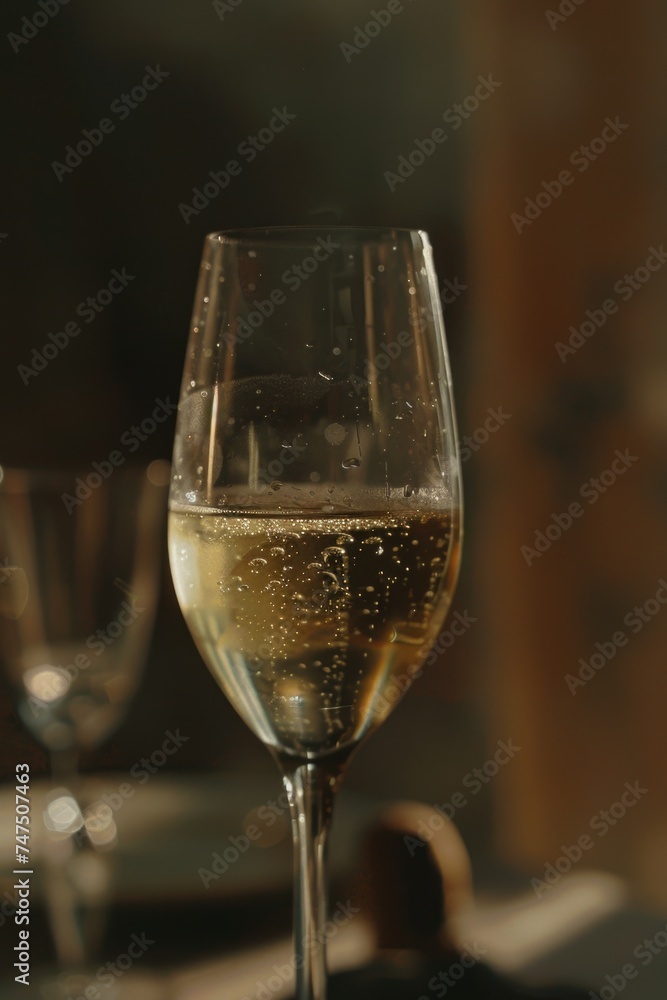 Poster close up of a glass of wine on a table. suitable for various concepts
